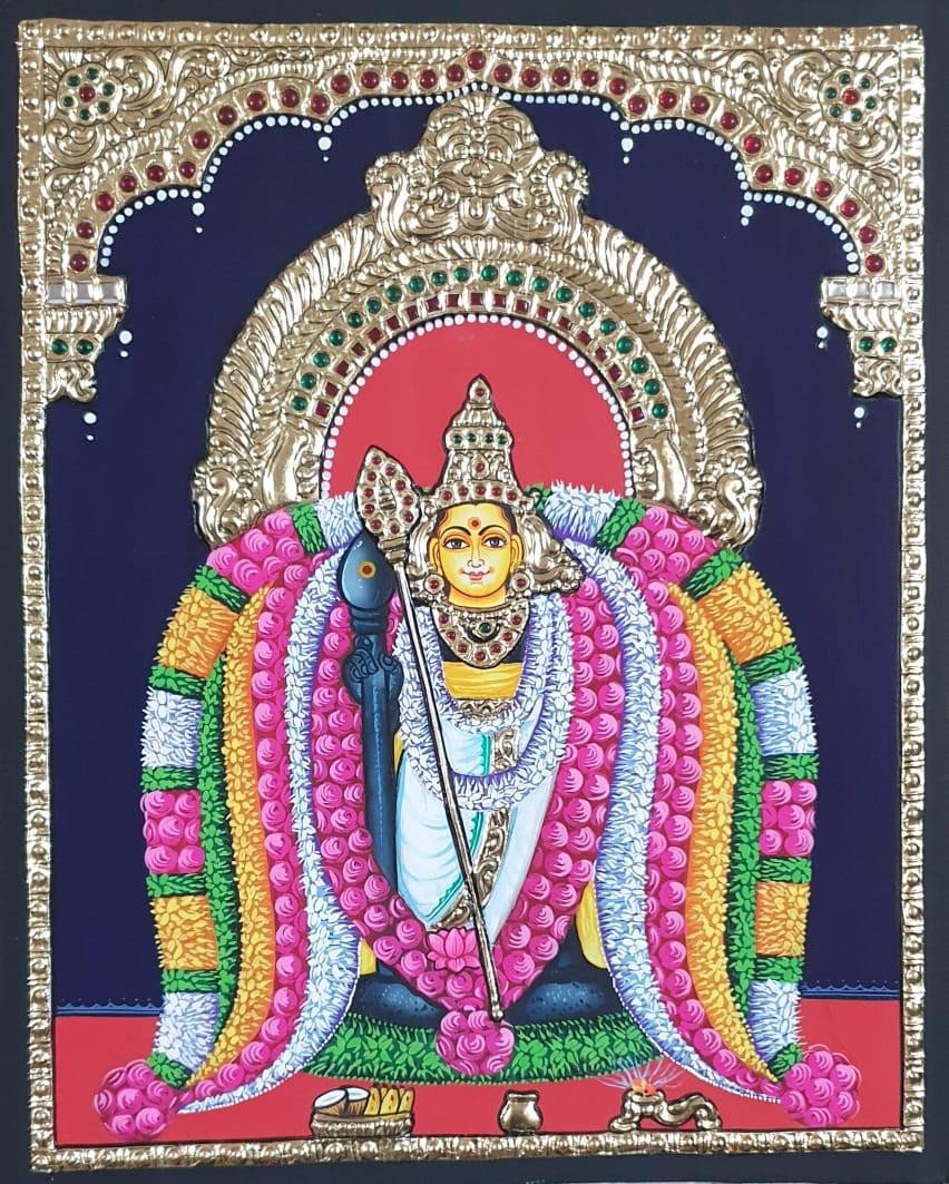 Traditional Tanjore Murugan Painting with Floral Garland Design