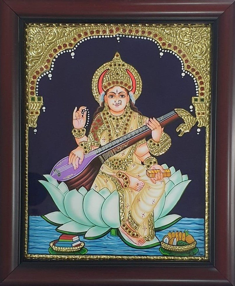 Traditional Tanjore Saraswati Painting with Wooden Frame – Goddess of Knowledge and Wisdom