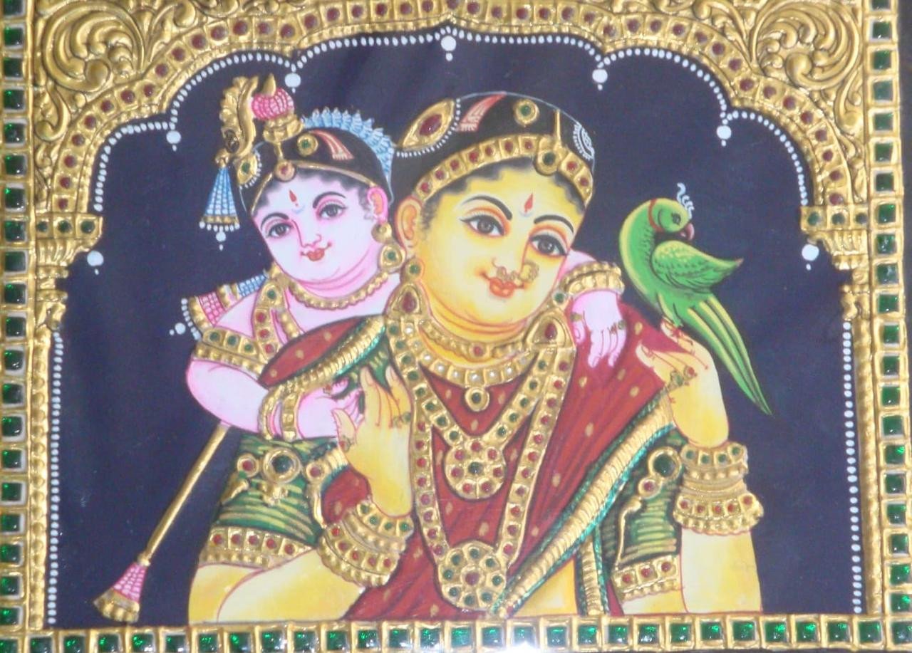 Handcrafted Krishna with Mother Yashoda Tanjore Painting with Gold Foil Embellishments