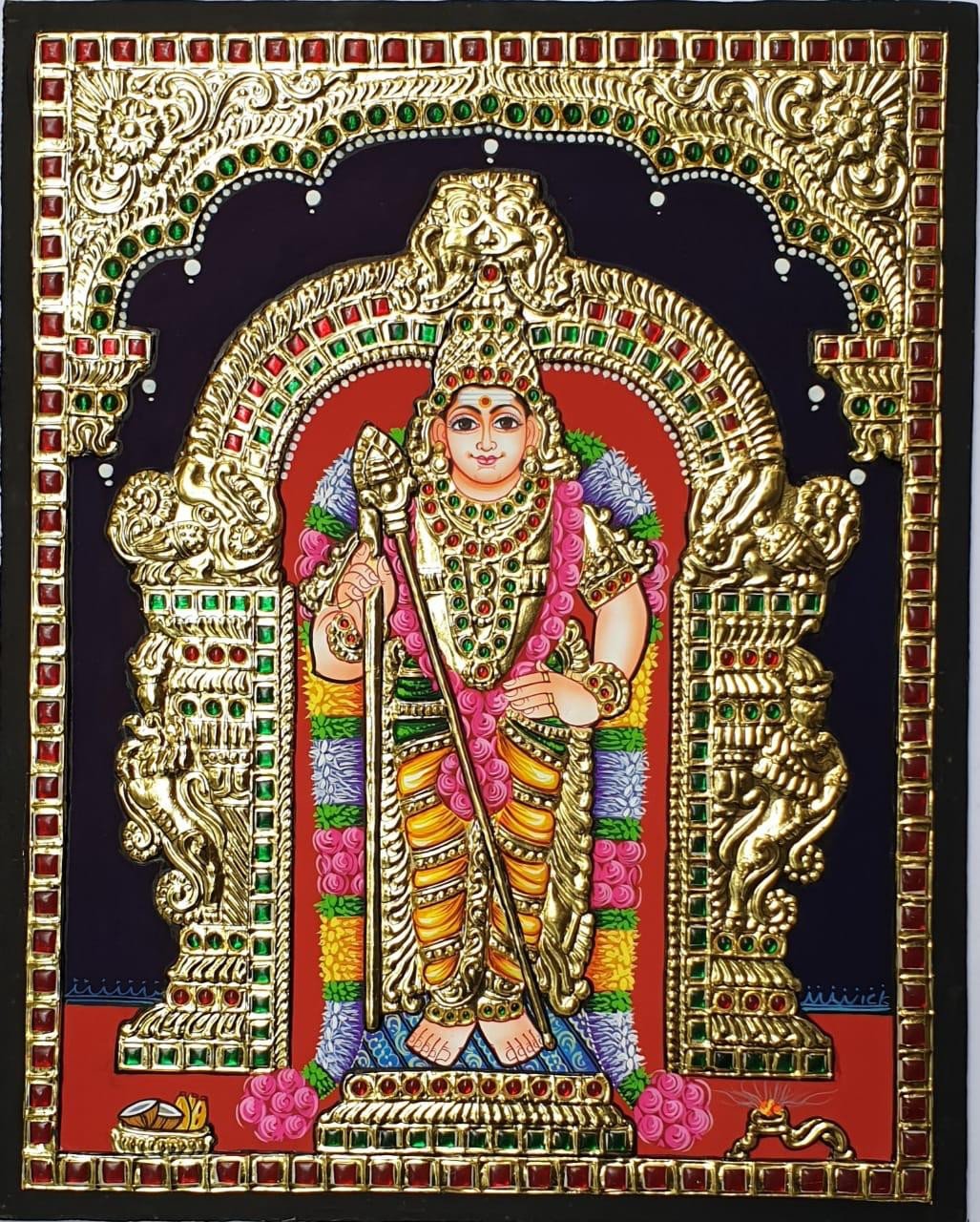 Handcrafted Lord Murugan Tanjore Painting with Traditional Gold Foil Embellishments
