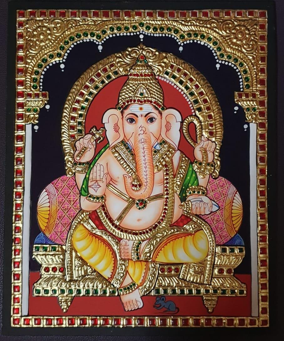Handcrafted Lord Ganesha Tanjore Painting with Traditional Gold Foil Work