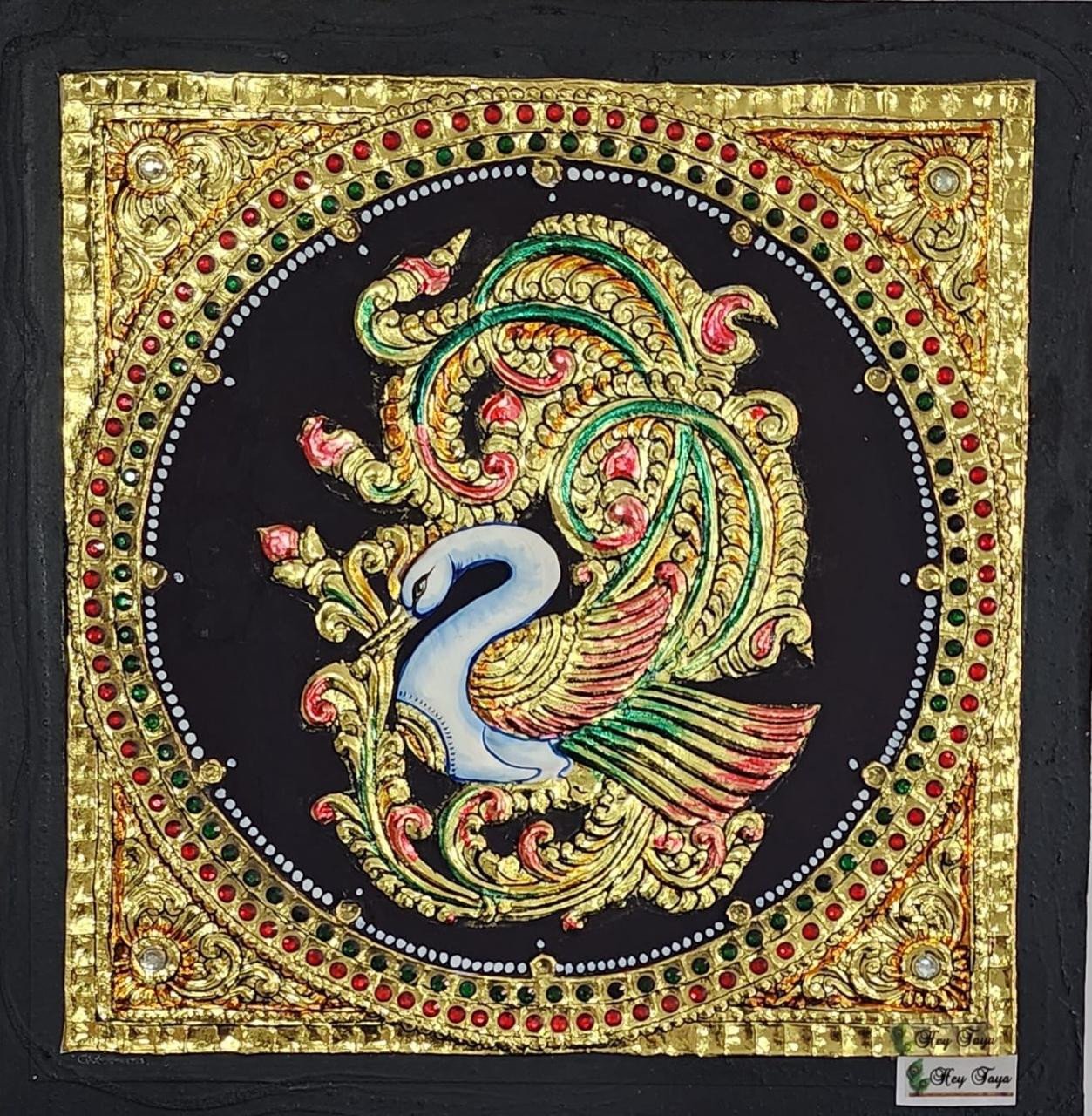 Handcrafted Peacock Tanjore Art with Gold Foil Embellishments – Traditional Decorative Wall Painting