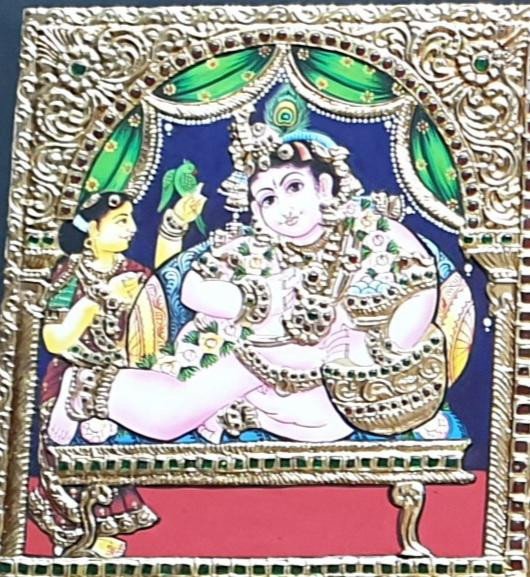 Handcrafted Bala Krishna Butter Pot Tanjore Painting with Traditional Gold Foil Work