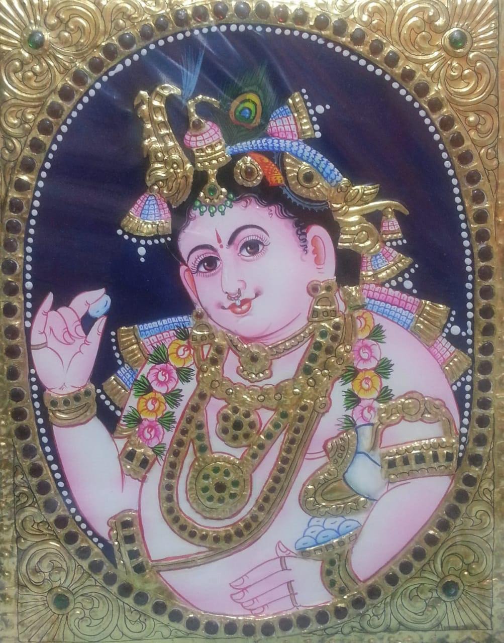 Handcrafted Bala Krishna Tanjore Painting with Gold Foil Work – Traditional Divine Wall Art