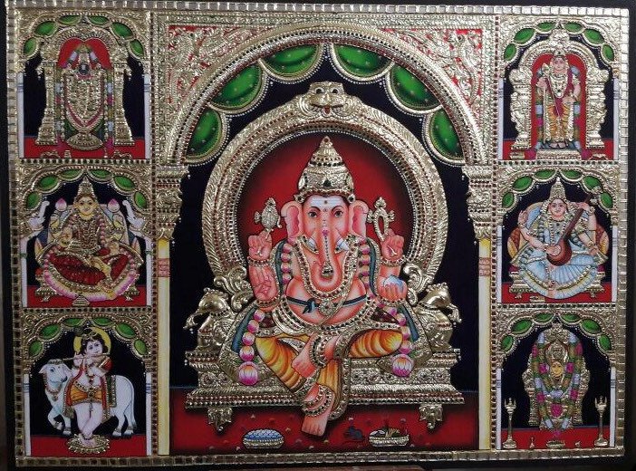 Divine Lord Ganesha Tanjore Painting with Ashta Lakshmi & Sacred Deities Panel