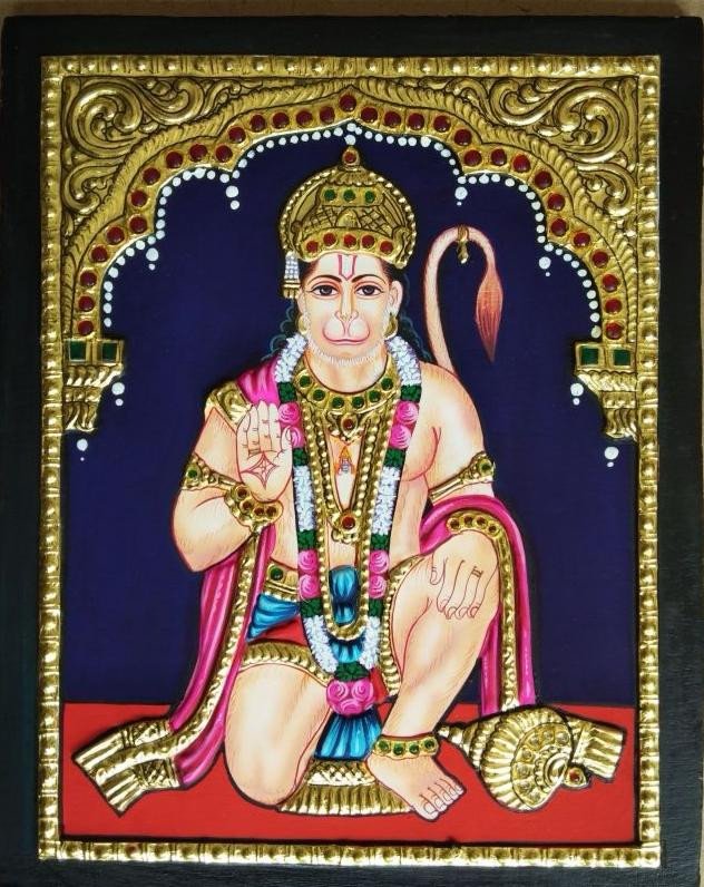 Handcrafted Lord Hanuman Tanjore Painting with Gold Foil Embellishments