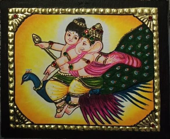 Traditional Tanjore Painting of Bala Murugan and Lord Ganesha on Peacock – Handmade Gold Foil Divine Art