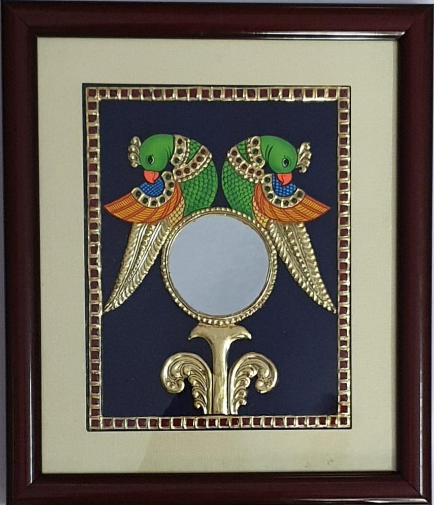 Handcrafted Twin Parrot Tanjore Mirror Art with Traditional Gold Foil Work