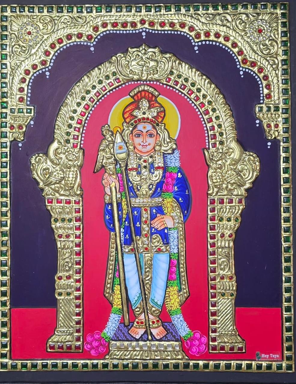 Handcrafted Tanjore Painting of Lord Murugan with Ornate Golden Arch Frame