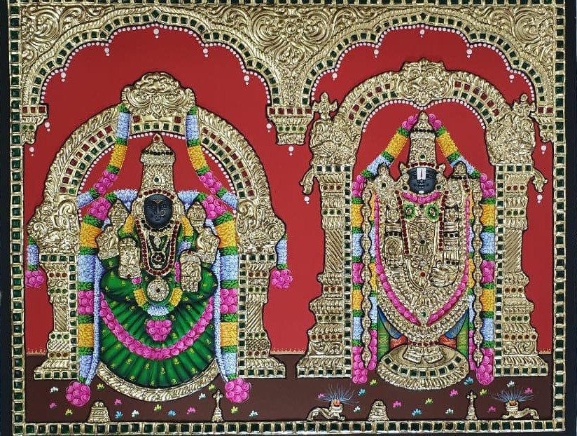 Sri Venkateswara & Padmavathi Tanjore Painting – Traditional Gold Foil Divine Artwork