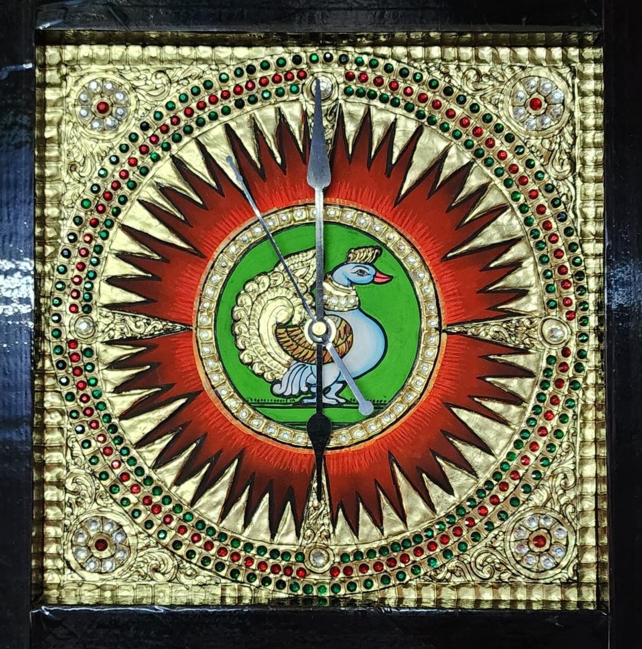 Handcrafted Peacock Tanjore Wall Clock with Gold Foil Work – Traditional Decorative Timepiece