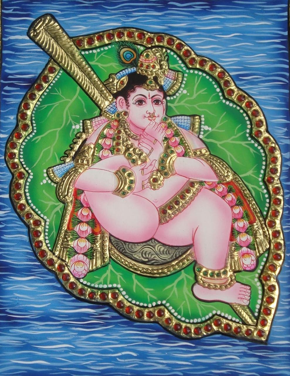 Handcrafted Baby Krishna on Banyan Leaf Tanjore Painting with Gold Foil Art